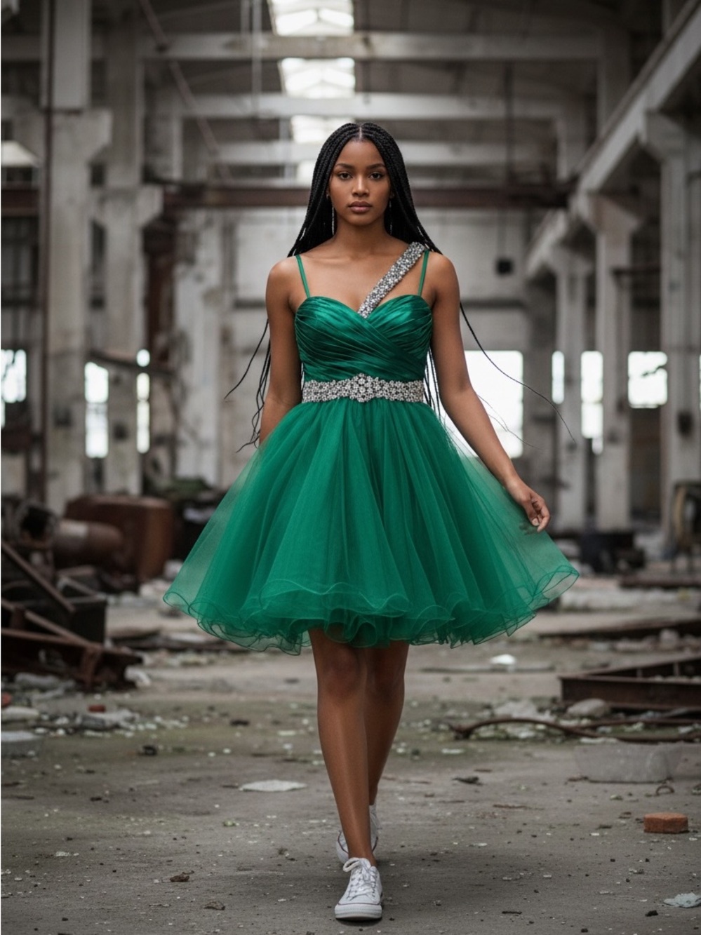 Clarisse one shoulder strap green rhinestone cocktail dress